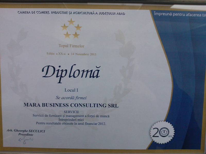 Locul I – Mara Business Consulting – Servicii de furnizare si management a fortei de munca – Pentru rezultatele obtinute in anul financiar 2012